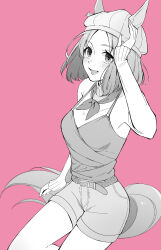 Rule 34 | 1girl, alternate costume, animal ears, arm up, belt, blush, breasts, camisole, ears through headwear, feet out of frame, greyscale with colored background, hat, highres, horse ears, horse girl, horse tail, long sleeves, narita top road (umamusume), neckerchief, open mouth, pink background, shirt under shirt, short hair, short shorts, shorts, simple background, small breasts, smile, solo, tail, tori hatsu02, turtleneck, umamusume