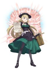 Rule 34 | 1girl, :o, black footwear, black hat, black pantyhose, black umbrella, blonde hair, blue eyes, bow, braid, briefcase, building, closed umbrella, dress, flower, full body, green dress, hat, hat flower, highres, holding, holding briefcase, holding paper, long hair, looking at viewer, monica golding, official art, pantyhose, paper, princess principal, princess principal game of mission, shoes, standing, transparent background, umbrella, very long hair, white bow