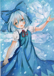 Rule 34 | 1girl, blue dress, blue eyes, blue hair, bow, cirno, dress, fang, grey eyes, hair bow, ice, ice wings, looking at viewer, matching hair/eyes, mosho, open mouth, painting (medium), puffy short sleeves, puffy sleeves, shirt, short sleeves, silver hair, smile, solo, touhou, traditional media, watercolor (medium), wings
