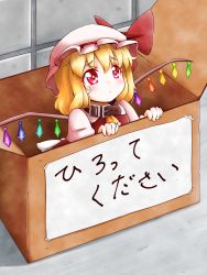 Rule 34 | 1girl, blonde hair, blush, bow, box, cardboard box, collar, dress, flandre scarlet, for adoption, hat, hat bow, highres, in box, in container, mob cap, puffy sleeves, red dress, revision, roco (katsuya1011), shirt, sign, solo, touhou, translated, wings