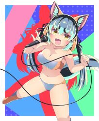 Rule 34 | 1girl, animal ears, bare shoulders, drias, extra ears, fox ears, fox girl, fox tail, grey hair, highres, island fox (kemono friends), kemono friends, kemono friends v project, long hair, looking at viewer, microphone, music, open mouth, orange hair, ribbon, simple background, singing, solo, strapless, tail, tube top, twintails, virtual youtuber, yellow eyes