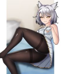 Rule 34 | 1girl, absurdres, animal ears, ass, bare shoulders, black pantyhose, blush, breasts, cat ears, come hither, dress, fingerless gloves, gloves, grey hair, highres, looking at viewer, mio (xenoblade), naughty face, panties, panties under pantyhose, pantyhose, paw pose, shiny clothes, shiny skin, short dress, short hair, smile, solo, succducc888, thighband pantyhose, underwear, xenoblade chronicles (series), xenoblade chronicles 3, yellow eyes