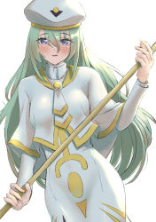 Rule 34 | 1girl, :d, alice carroll, aria (manga), blue eyes, blush, broom, capelet, cowboy shot, dress, floating hair, green hair, hair between eyes, hat, highres, holding, holding broom, long hair, long sleeves, looking at viewer, open mouth, orange planet uniform, simple background, smile, solo, standing, umirororo, very long hair, white background, white capelet, white dress, white hat
