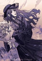 Rule 34 | 1girl, bouquet, chinese commentary, commentary request, dress, earrings, english text, fengshidarennianfangerba864, flower, fors wall, graveyard, hat, highres, holding, holding bouquet, jewelry, lips, long hair, looking ahead, lord of the mysteries, mourning, nail polish, parted lips, retro artstyle, sky, solo, teeth, veil