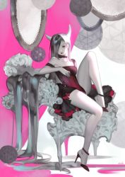 Rule 34 | 1girl, absurdly long hair, artist name, bare shoulders, black eyes, black hair, black nails, breasts, chair, choker, closed mouth, collarbone, demon girl, eyelashes, faustneo, full body, hair over one eye, high heels, horns, knee up, leotard, lipstick, long hair, long legs, looking at viewer, makeup, medium breasts, multicolored hair, nail polish, one eye covered, original, pink background, red footwear, red leotard, red lips, shoes, showgirl skirt, side-tie leotard, sitting, solo, orb, strap slip, two-tone background, two-tone hair, very long hair, white background