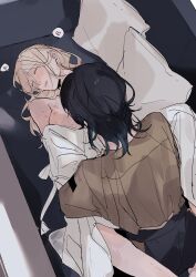 Rule 34 | 2girls, absurdres, between legs, black hair, black pants, blonde hair, blush, brown shirt, closed eyes, clothes pull, commentary request, couch, cushion, dress, dress pull, ear blush, heart, hickey, highres, indoors, ito shiori, long hair, lying, medium hair, multiple girls, nipples, on back, on couch, original, pants, parted lips, sara turner, shirt, shisa co, spoken heart, white dress, yuri