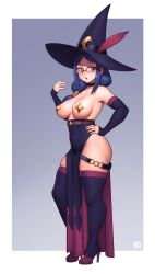 Rule 34 | 1girl, 2021, absurdres, areola slip, blue hair, boots, breastless clothes, breasts, choker, detached sleeves, glasses, hand on own hip, hat, high heel boots, high heels, highres, little witch academia, medium breasts, open mouth, pasties, red eyes, riz, solo, standing, star (symbol), star pasties, thigh boots, thighhighs, ursula callistis, witch, witch hat