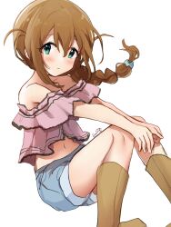 Rule 34 | 1girl, absurdres, baba konomi, bare shoulders, blue scrunchie, blush, boots, braid, breasts, brown footwear, brown hair, closed mouth, denim, denim shorts, dot nose, floating hair, frilled shirt, frills, from side, green eyes, hair ornament, hair scrunchie, hands on own knees, highres, idolmaster, idolmaster million live!, idolmaster million live! theater days, knees together feet apart, knees up, long hair, looking at viewer, midriff peek, navel, nnnn, off-shoulder shirt, off shoulder, pink shirt, scrunchie, shirt, shorts, signature, simple background, single braid, sitting, small breasts, solo, white background