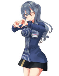 Rule 34 | 1girl, absurdres, black skirt, blue eyes, blue hair, employee uniform, gotland (kancolle), heart, heart hands, highres, kantai collection, lawson, mizunototori, mole, mole under eye, one eye closed, ponytail, shirt, simple background, skirt, solo, striped clothes, striped shirt, thumbs down, uniform, white background