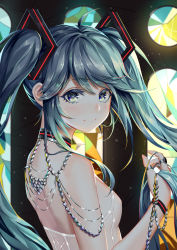 Rule 34 | 1girl, aaeru, ahoge, aqua eyes, aqua hair, bare shoulders, blush, breasts, bright pupils, choker, closed mouth, colored eyelashes, commentary request, from side, hatsune miku, highres, holding, holding own hair, jewelry, long hair, looking at viewer, looking to the side, ring, sidelocks, small breasts, smile, solo, stained glass, swept bangs, twintails, upper body, vocaloid, wristband