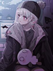 Rule 34 | 1girl, absurdres, asumi sena, black hat, black jacket, black shirt, blush, cattleya regina games, cold, demon tail, demon wings, grey hair, hair ornament, hat, highres, jacket, knit hat, long sleeves, looking to the side, multicolored hair, night, open clothes, open jacket, payang, pink eyes, pink hair, shirt, sitting, smile, solo, streaked hair, stuffed toy, tail, town, virtual youtuber, vspo!, wings