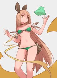 Rule 34 | 1girl, bikini, breasts, bright pupils, brown eyes, choker, closed mouth, contrapposto, expressionless, eyepatch bikini, gluteal fold, green bikini, grey background, highres, lee hyeseung, light brown hair, long hair, navel, original, simple background, small breasts, solo, standing, swimsuit, tail, very long hair, white pupils