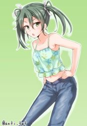 Rule 34 | 10s, 1girl, :o, alternate costume, anti (untea9), armpits, bare arms, bare shoulders, camisole, casual, collarbone, denim, female focus, floral print, green background, green eyes, green hair, hair between eyes, hair ribbon, hands on own hips, highres, jeans, jpeg artifacts, kantai collection, leaning, leaning forward, looking at viewer, matching hair/eyes, midriff, navel, neck, open mouth, pants, ribbon, serious, short hair, simple background, solo, standing, tank top, twintails, twitter username, zuikaku (kancolle)