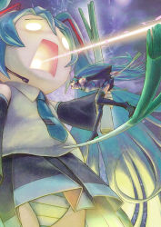 Rule 34 | 2girls, aqua hair, battle, beam, boots, detached sleeves, glowing, glowing eyes, hachune miku, hatsune miku, headset, long hair, multiple girls, musical note, necktie, open mouth, panties, skirt, spring onion, striped clothes, striped panties, sutocking, thigh boots, thighhighs, twintails, underwear, very long hair, vocaloid