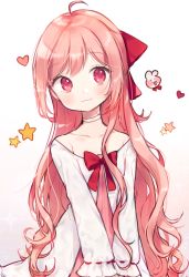 Rule 34 | ahoge, bow, breasts, choker, closed mouth, collarbone, curly hair, dress, frilled sleeves, frills, heart, highres, long hair, long sleeves, nare (17 junana), red bow, red eyes, red hair, simple background, small breasts, smile, star (symbol), swept bangs, very long hair, white background, white choker