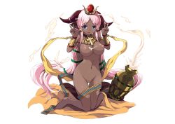 Rule 34 | 1girl, ankh, armlet, barefoot, blue eyes, blush, bracelet, breasts, cait aron, dark-skinned female, dark skin, double v, egyptian, hair ornament, hathor (p&amp;d), horns, jar, jewelry, large breasts, light areolae, long hair, looking at viewer, milk, navel, nipples, nude, open mouth, pink hair, pussy, puzzle &amp; dragons, smile, solo, transparent background, uncensored, v, white background