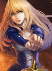Rule 34 | 1girl, ahoge, artoria pendragon (fate), bad id, bad pixiv id, blonde hair, excalibur (fate/stay night), fate/stay night, fate (series), green eyes, hair down, long hair, mr.jj, planted sword, planted, saber (fate), solo, sword, weapon