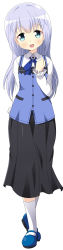 Rule 34 | 1girl, :d, absurdres, arm at side, bad id, bad pixiv id, black skirt, blue eyes, blue footwear, blue hair, blue vest, blush, collared shirt, commentary request, frilled sleeves, frills, full body, gochuumon wa usagi desu ka?, hair ornament, hand on own chest, head tilt, highres, kafuu chino, kneehighs, long hair, long skirt, long sleeves, looking at viewer, mary janes, naruse mai, open mouth, rabbit house uniform, shirt, shoes, simple background, skirt, smile, socks, solo, standing, tiptoes, very long hair, vest, white background, white shirt, white socks, x hair ornament