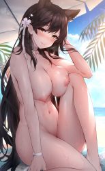 Rule 34 | 1girl, :d, absurdres, animal ears, atago (azur lane), atago (summer march) (azur lane), azur lane, beach, bikini, black hair, blush, breast press, breasts, brown eyes, cleavage, day, extra ears, flower, groin, hair flower, hair ornament, hand up, highres, large breasts, long hair, looking at viewer, mole, mole under eye, navel, nipples, nude, open mouth, oyuwari, ribbon, sitting, smile, solo, swimsuit, thighs, toned, unworn bikini, wet