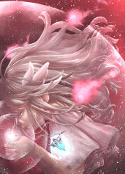 Rule 34 | 1girl, absurdres, blue eyes, commentary request, dress, ender lilies quietus of the knights, expressionless, floating hair, from side, fujisawa yuuki, grey hair, hair ornament, highres, jewelry, light particles, lily (ender lilies), long hair, necklace, own hands clasped, own hands together, pendant, profile, signature, solo, spirit, tendril, upper body, white dress