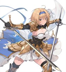 Rule 34 | 1girl, armor, black gloves, black legwear, blonde hair, blush, breasts, chrysaor (granblue fantasy), cleavage, closed mouth, commentary, djeeta (granblue fantasy), dual wielding, elbow gloves, english commentary, gloves, granblue fantasy, hairband, holding, holding sword, holding weapon, medium breasts, miniskirt, nagu, pauldrons, shoulder armor, signature, simple background, skirt, smile, solo, sword, weapon, white background, white skirt