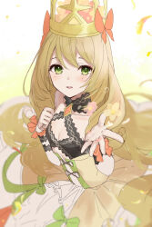 Rule 34 | 1girl, blonde hair, bow, breasts, butterfly hair ornament, celine (fire emblem), cleavage, crown, detached sleeves, dress, dress bow, fire emblem, fire emblem engage, flower, green bow, green eyes, hair flower, hair ornament, haru (nakajou-28), long hair, nintendo, orange bow, outstretched hand, parted lips, small breasts, solo, very long hair, wrist bow, yellow dress