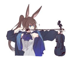 Rule 34 | 1girl, amiya (arknights), animal ears, arknights, ascot, black jacket, blue ascot, blue eyes, bow (music), brown hair, frilled ascot, frills, high ponytail, highres, holding, holding bow (music), holding instrument, holding violin, instrument, jacket, jewelry, kaleka, long hair, multiple rings, neck ring, open clothes, open jacket, rabbit ears, rabbit girl, ring, shirt, simple background, sleeveless, sleeveless shirt, solo, thumb ring, upper body, violin, white background, white shirt