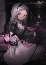 Rule 34 | 1girl, absurdres, animal, arknights, bird, black dress, black gloves, crow, dress, gloves, grey hair, head wings, highres, holding, holding polearm, holding weapon, irene (arknights), long hair, long sleeves, looking at viewer, mooouluren, night, outdoors, pantyhose, polearm, seiza, sitting, solo, two-tone dress, water, weapon, white dress, white pantyhose, wings