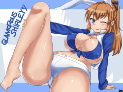 Rule 34 | 1girl, alternate costume, animal ears, arm support, barefoot, blue eyes, blush, breasts, brown hair, character name, charlotte e. yeager, covered erect nipples, dallas cowboys, english text, front-tie top, komusou (jinrikisha), large breasts, legs, lipstick, long hair, long legs, makeup, miyafuji yoshika, national football league, navel, no bra, one eye closed, ponytail, rabbit ears, rabbit girl, short shorts, shorts, silhouette demon, smile, solo, strike witches, thick thighs, thighs, wink, world witches series