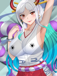 Rule 34 | 1girl, breasts, curled horns, dakimakura (medium), hakama, horns, japanese clothes, large breasts, long hair, looking at viewer, one piece, oni horns, open clothes, ponytail, very long hair, yamato (one piece), yuj (moemarket)