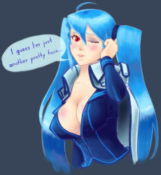 Rule 34 | 1girl, ahoge, aqua hair, blush, breasts, cleavage, covered erect nipples, deliciousorange, english text, eyelashes, jacket, large breasts, luthica preventer, luticar, one eye closed, open clothes, open jacket, red eyes, simple background, solo, speech bubble, sword girls, twintails, upper body, wink