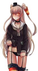 Rule 34 | 10s, 1girl, amatsukaze (kancolle), bad id, bad pixiv id, black panties, brown eyes, clothes lift, dress, dress lift, garter straps, highres, kantai collection, long hair, looking at viewer, panties, personification, sailor dress, school uniform, serafuku, shirt lift, short dress, side-tie panties, silver hair, simple background, solo, striped clothes, striped thighhighs, tasselcat, thighhighs, transparent background, twintails, two side up, underwear