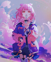 Rule 34 | 1girl, absurdres, animal ears, arknights, black choker, black skirt, braid, blowing bubbles, cat ears, choker, cloud, cowboy shot, day, garter straps, goldenglow (arknights), high-waist skirt, highres, jacket, long hair, long sleeves, looking at viewer, multicolored clothes, multicolored jacket, open clothes, open jacket, outdoors, parted lips, pink hair, pink jacket, pocket, purple jacket, red eyes, rolling-ruffles, shirt, side braid, skirt, soap bubbles, solo, thighhighs, two-tone jacket, white shirt, white thighhighs, zettai ryouiki