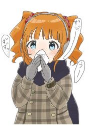 Rule 34 | 1girl, 765pro522, aqua eyes, black scarf, blowing nose, blush, brown coat, buttons, coat, commentary, drill hair, earmuffs, gloves, grey gloves, hair ornament, hair scrunchie, idolmaster, idolmaster (classic), looking at viewer, nose blush, orange hair, plaid, plaid coat, plaid scrunchie, red scrunchie, scarf, scrunchie, simple background, solo, speech bubble, takatsuki yayoi, tissue, twin drills, twintails, upper body, wavy hair, white background