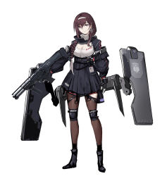 Rule 34 | 1girl, alternate costume, alternate hair color, ballistic shield, black footwear, black gloves, black skirt, boots, braid, breasts, brown pantyhose, bullpup, cleavage, closed mouth, double-barreled shotgun, dp-12 (girls&#039; frontline), fingerless gloves, full body, girls&#039; frontline, gloves, gun, hair over shoulder, hairband, high-waist skirt, highres, holding, holding gun, holding weapon, knee pads, long sleeves, looking at viewer, medium breasts, multiple-barrel firearm, pandea work, pantyhose, pink eyes, pleated skirt, pump-action shotgun, pump action, shield, shotgun, side-by-side-barreled shotgun, simple background, skirt, smile, solo, standard manufacturing dp-12, standing, vertical forward grip, weapon, white background, white hairband