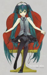 Rule 34 | 1girl, aqua eyes, aqua hair, armchair, blouse, bright pupils, cable, chair, character name, collared shirt, full body, gold trim, grey background, grey necktie, grey shirt, half-closed eyes, hatsune miku, headphones, long hair, miniskirt, muted color, necktie, nozomi (pixiv539126), red upholstery, shirt, simple background, sitting, skirt, sleeveless, sleeveless shirt, solo, thighhighs, twintails, very long hair, vocaloid