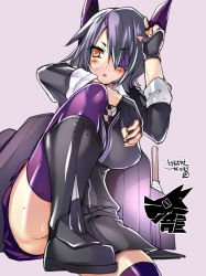 Rule 34 | 10s, 1girl, bad id, bad pixiv id, blush, cardigan, eyepatch, hair ornament, kantai collection, necktie, open mouth, orange eyes, personification, purple hair, purple thighhighs, short hair, sitting, sleeves rolled up, solo, sweat, tenryuu (kancolle), thighhighs, tokita monta