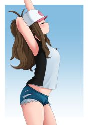 Rule 34 | 1girl, absurdres, ass, baseball cap, blue background, blush, border, brown hair, closed eyes, creatures (company), cutoff jeans, cutoffs, game freak, groin, hat, highres, hilda (pokemon), long hair, midriff, navel, nintendo, outside border, pokemon, pokemon bw, ponytail, sidelocks, solo, stretching, tank top, the only shoe, thighs, white border