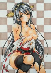 Rule 34 | 10s, absurdres, black hair, blush, breast hold, breasts, checkered background, chirol, collarbone, hair in own mouth, hair ornament, hairband, hairclip, haruna (kancolle), highres, kantai collection, knees together feet apart, large breasts, long hair, looking at viewer, marker (medium), no panties, nontraditional miko, skirt, solo, torn clothes, traditional media, very long hair