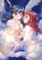 Rule 34 | 10s, 2girls, :d, angel wings, blue hair, blush, brown eyes, cloud, commentary request, dress, eye contact, face-to-face, feather hair ornament, feathers, flying, frilled shirt collar, frilled sleeves, frills, hair bun, hair ornament, hairpin, half updo, hazuki (sutasuta), head wreath, highres, holding hands, interlocked fingers, long hair, looking at another, love live!, love live! school idol festival, love live! sunshine!!, multiple girls, neck ribbon, open mouth, purple eyes, red hair, ribbon, sakurauchi riko, short sleeves, side bun, single side bun, sky, smile, star (sky), starry sky, tsushima yoshiko, white feathers, white ribbon, white wings, wings, wrist flower, yuri