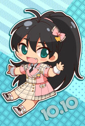 Rule 34 | 1girl, ankle boots, antenna hair, birthday, black hair, blue background, blush, boots, bow, chibi, commentary, dress, fang, full body, future signature (idolmaster), ganaha hibiki, green eyes, hair bow, hair ribbon, hair tie, highres, idolmaster, idolmaster (classic), idolmaster million live!, idolmaster million live! theater days, james (jms-pnt), long hair, looking at viewer, open hands, open mouth, outstretched arms, pink ribbon, plaid, plaid dress, ponytail, ribbon, shirt, short sleeves, smile, solo, two-tone dress, white footwear, white shirt, white wrist cuffs, wrist cuffs