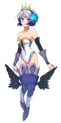 Rule 34 | 1girl, alternate costume, armor, bare shoulders, blush, breasts, cameltoe, choker, cleavage, crown, elbow gloves, flower, gloves, greaves, gwendolyn (odin sphere), hair flower, hair ornament, leg wings, leotard, long image, medium breasts, narrow waist, odin sphere, purple eyes, sabatons, short hair, silver hair, smile, solo, strapless, tall image, thigh gap, thighhighs, tusia, vambraces, white leotard, wings