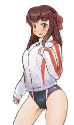 Rule 34 | 10s, 1girl, bad id, bad pixiv id, blush, brown eyes, brown hair, competition swimsuit, cowboy shot, girls und panzer, headband, jacket, kondou taeko, long hair, looking at viewer, no pants, one-piece swimsuit, open mouth, school swimsuit, simple background, sketch, smile, solo, solokov (okb-999), sweat, swimsuit, swimsuit under clothes, track jacket, white background