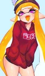 Rule 34 | 1girl, :d, bad id, bad twitter id, beanie, bike shorts, colored tongue, cowboy shot, fangs, gradient background, hands in pockets, hat, highres, inkling, inkling girl, inkling player character, jtveemo, long hair, long sleeves, looking at viewer, nintendo, open mouth, orange hair, orange tongue, pink eyes, pointy ears, pom pom (clothes), red sweater, smile, solo, splatoon (series), splatoon 2, sweater, tentacle hair, thighs, tongue, tongue out, very long hair