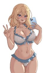 Rule 34 | 1girl, absurdres, bikini, blonde hair, blue eyes, breasts, cellphone, cleavage, commentary, cowboy shot, english commentary, frilled bikini, frills, front-tie bikini top, front-tie top, girls und panzer, hal san, half-closed eyes, halterneck, highres, holding, holding phone, large breasts, looking at viewer, medium hair, messy hair, navel, open mouth, oshida (girls und panzer), phone, pussy juice, saliva, simple background, smartphone, smile, solo, standing, sweat, swimsuit, v, white background, white bikini