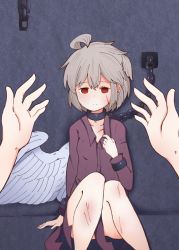 Rule 34 | 1girl, 1other, 2girls, ahoge, buna shimeji (keymush), chain, chained, commentary request, cuts, empty eyes, female pov, hecatia lapislazuli, injury, kishin sagume, looking at viewer, messy hair, multiple girls, pov, pov hands, purple shirt, red eyes, shirt, short hair, single wing, solo focus, touhou, white hair, white wings, wings