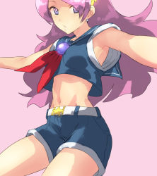 Rule 34 | 1girl, armpits, asamiya athena, crop top, earrings, hairband, jewelry, king of fighters xiii, long hair, midriff, naso4, navel, purple eyes, purple hair, sailor collar, shorts, simple background, snk, solo, the king of fighters, the king of fighters xiii
