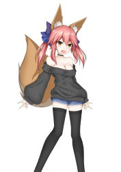 Rule 34 | 10s, 1girl, absurdres, animal ear fluff, animal ears, bare shoulders, black thighhighs, blue ribbon, blush, breasts, casual, choker, cleavage, clothes pull, collarbone, fang, fate/extella, fate/extra, fate/extra ccc, fate/grand order, fate (series), fox ears, fox girl, fox shadow puppet, fox tail, hair ribbon, highres, large breasts, looking at viewer, nepsuka (hachisuka), open mouth, pink hair, ribbed sweater, ribbon, simple background, solo, sweater, sweater pull, tail, tamamo (fate), tamamo no mae (fate/extra), thighhighs, white background, yellow eyes