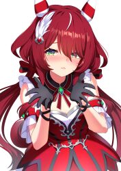 Rule 34 | 1girl, absurdres, animal ears, blowing kiss, breasts, commentary request, green eyes, hair ornament, highres, horse ears, horse girl, looking at viewer, low twintails, open mouth, red hair, simple background, sleeveless, small breasts, solo, sunny (20597521), twintails, umamusume, umapyoi densetsu, white background, win variation (umamusume)
