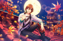 Rule 34 | 1boy, :d, animal print, architecture, arm rest, bat print, black footwear, black pants, bottle, brown hair, building, cup, earrings, east asian architecture, falling leaves, full body, full moon, game cg, glint, grey eyes, hair between eyes, highres, holding, holding bottle, holding cup, incoming drink, jacket, jewelry, knee up, kotobuki reiji, lantern, leaf, lens flare, light particles, looking at viewer, male focus, maple leaf, moon, night, official art, on roof, open mouth, pants, sakazuki, shirt, short hair, single earring, sitting, sky, smile, solo, star (sky), starry sky, striped clothes, striped shirt, tassel, tassel earrings, teeth, third-party source, two-tone shirt, upper teeth only, uta no prince-sama, uta no prince-sama: shining live, white jacket, white shirt
